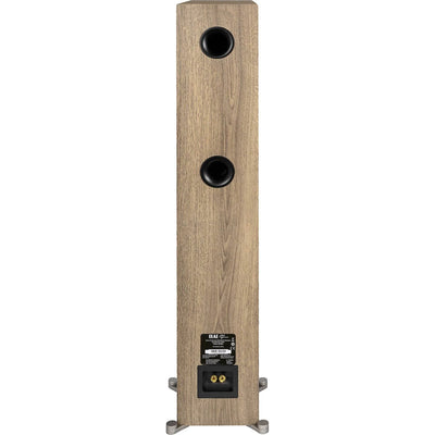 Spate boxă Elac Debut Reference DFR5.2 white-wood cu două porturi bass reflex și conectori audio vizibili.
