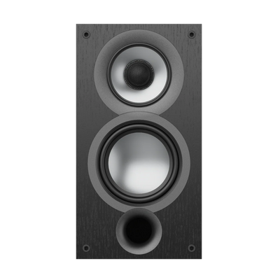 Boxă Elac Uni-Fi UB52 vedere frontală, culoare neagră, cu tweeter, difuzor medii și port bass reflex.