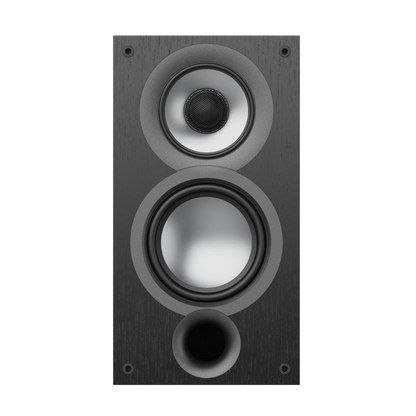 Boxă Elac Uni-Fi UB52 vedere frontală, culoare neagră, cu tweeter, difuzor medii și port bass reflex.