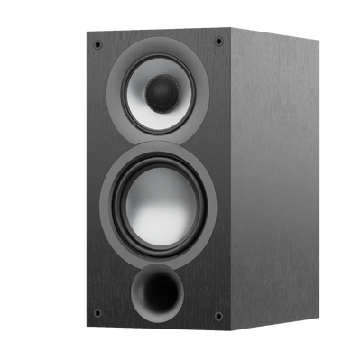 Boxă Elac Uni-Fi UB52 vedere laterală, culoare neagră, cu tweeter, midrange și port bass reflex frontal.