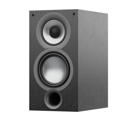 Boxă Elac Uni-Fi UB52 vedere laterală, culoare neagră, cu tweeter, midrange și port bass reflex frontal.
