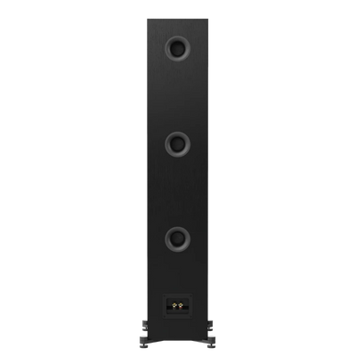 Spatele boxei de podea Elac Uni-Fi UF52 negru, cu trei porturi bass reflex și conectori audio vizibili.