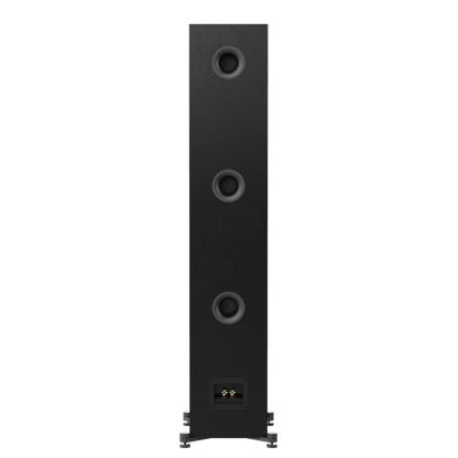 Spatele boxei de podea Elac Uni-Fi UF52 negru, cu trei porturi bass reflex și conectori audio vizibili.