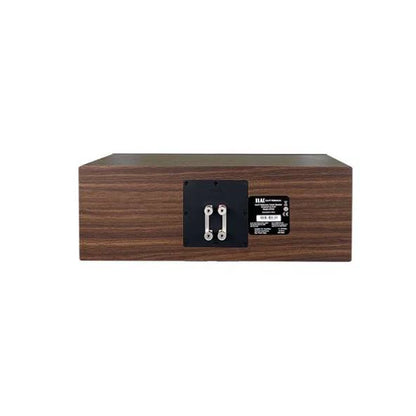 Spate boxă centru Elac Uni-Fi Reference UCR52, finisaj Black Wood, conectori bi-wire și etichetă tehnică.