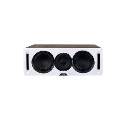 Boxă centrală Elac Uni-Fi Reference UCR52, față albă, vedere frontală cu 3 difuzoare și 2 fante bass reflex.