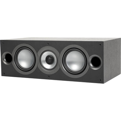 Boxă centrală Elac Uni-Fi UC52 neagră, vedere frontală unghiulară, 3 difuzoare și 2 porturi bass reflex.