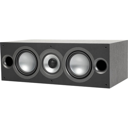 Boxă centrală Elac Uni-Fi UC52 neagră, vedere frontală unghiulară, 3 difuzoare și 2 porturi bass reflex.