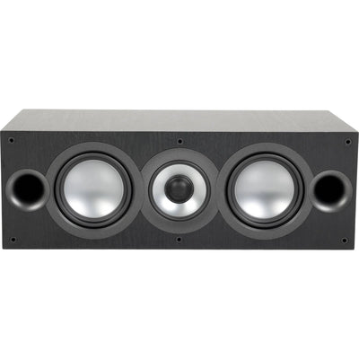 Boxă centrală Elac Uni-Fi UC52 neagră, vedere frontală cu 2 woofere aluminiu, tweeter central și 2 porturi bass reflex.
