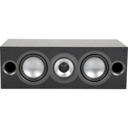 Boxă centrală Elac Uni-Fi UC52 neagră, vedere frontală cu 2 woofere aluminiu, tweeter central și 2 porturi bass reflex.
