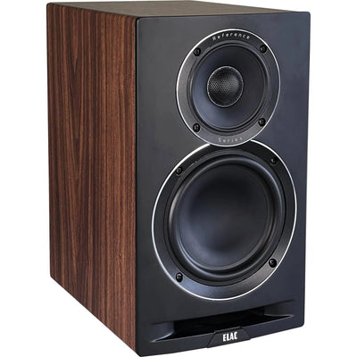 Boxă de raft Elac Uni-Fi Reference UBR62, vedere frontală, finisaj Black/Wood, tweeter și woofer vizibile.