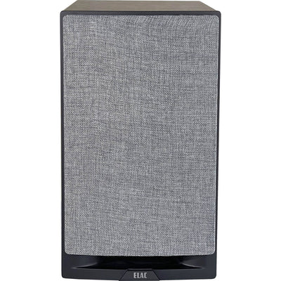 Boxă Elac Uni-Fi Reference UBR62 Black/Wood, vedere frontală cu grilaj textil gri montat, logo Elac vizibil.
