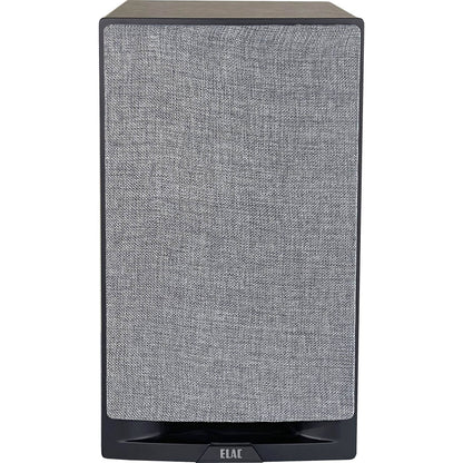 Boxă Elac Uni-Fi Reference UBR62 Black/Wood, vedere frontală cu grilaj textil gri montat, logo Elac vizibil.