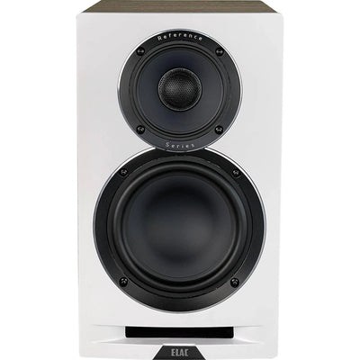 Boxă Elac Uni-Fi Reference UBR62 alb cu finisaj wood, vedere frontală cu tweeter, woofer și port bass reflex.