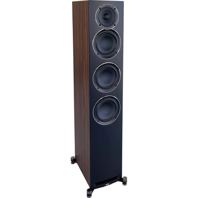 Boxă de podea Elac Uni-Fi Reference UFR52 Black/Wood, vedere frontală, 4 difuzoare vizibile, bază stabilă.