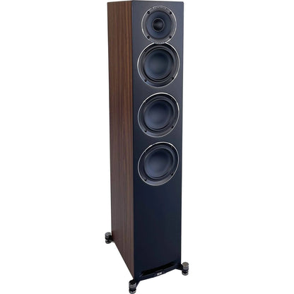 Boxă de podea Elac Uni-Fi Reference UFR52 Black/Wood, vedere frontală, 4 difuzoare vizibile, bază stabilă.