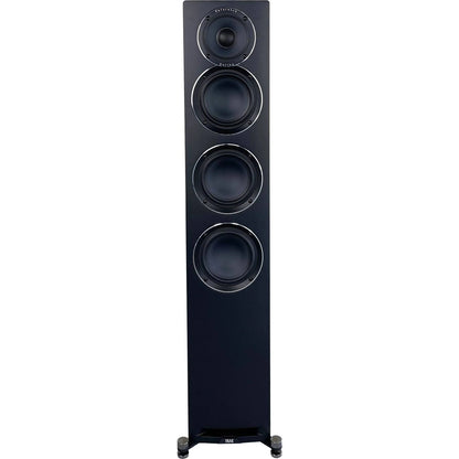Boxă de podea Elac Uni-Fi Reference UFR52 Black Wood, vedere frontală cu 3 woofere și 1 tweeter vizibile.