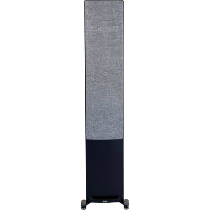 Boxă de podea Elac Uni-Fi Reference UFR52 Black/Wood, vedere frontală cu grilaj textil montat.