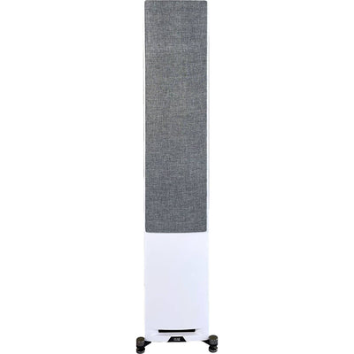 Boxă de podea Elac Uni-Fi Reference UFR52, vedere frontală, culoare White/Wood, grilaj textil montat.