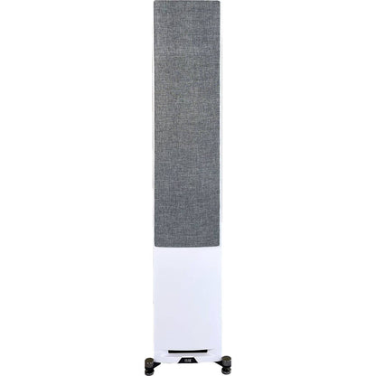 Boxă de podea Elac Uni-Fi Reference UFR52, vedere frontală, culoare White/Wood, grilaj textil montat.