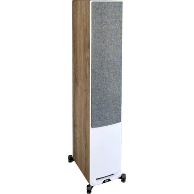 Boxă de podea Elac Uni-Fi Reference UFR52, vedere laterală, finisaj White/Wood, grilaj frontal textil.