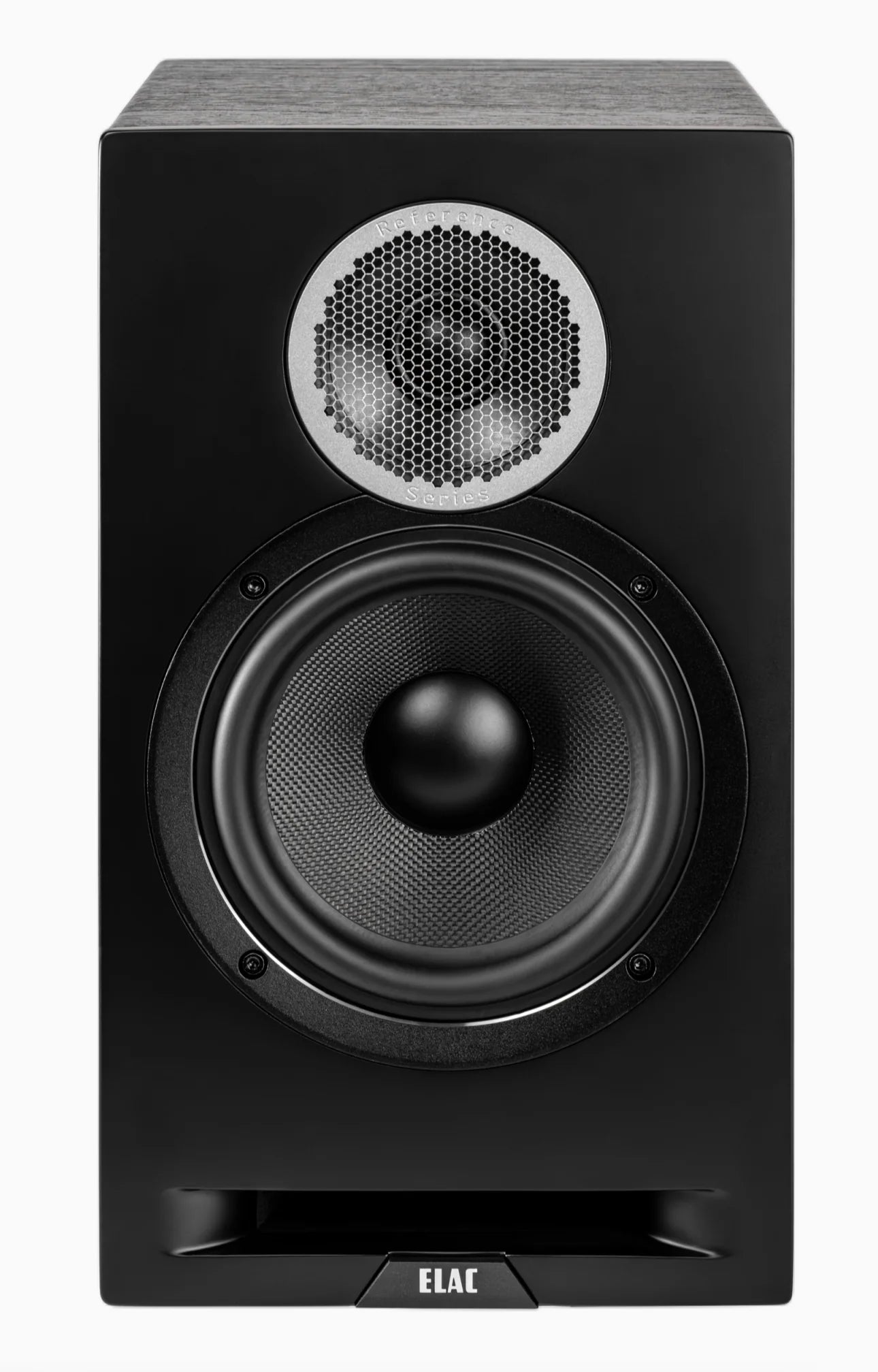 Boxă Elac Debut Reference DBR6.2 neagră, vedere frontală, tweeter cu grilaj metalic și woofer vizibil.
