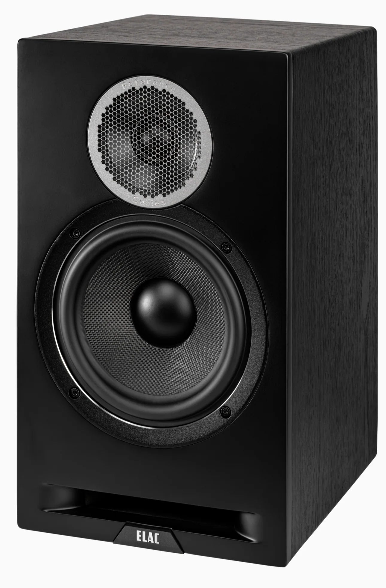 Boxă Elac Debut Reference DBR6.2 neagră, vedere frontală unghi lateral, tweeter și woofer vizibile.
