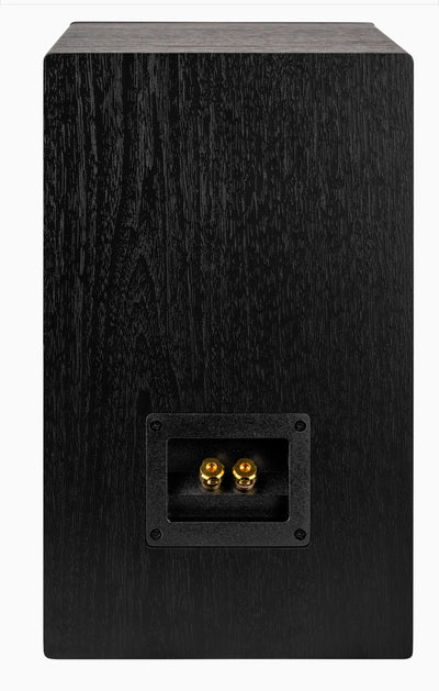 Spate boxă Elac Debut Reference DBR6.2 negru, conectori aurii pentru cabluri audio, vedere verticală.