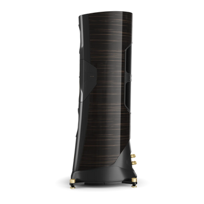 Boxa de podea Dali KORE, vedere laterală, finisaj Ammara Ebony, detalii conectori aurii și structură elegantă.
