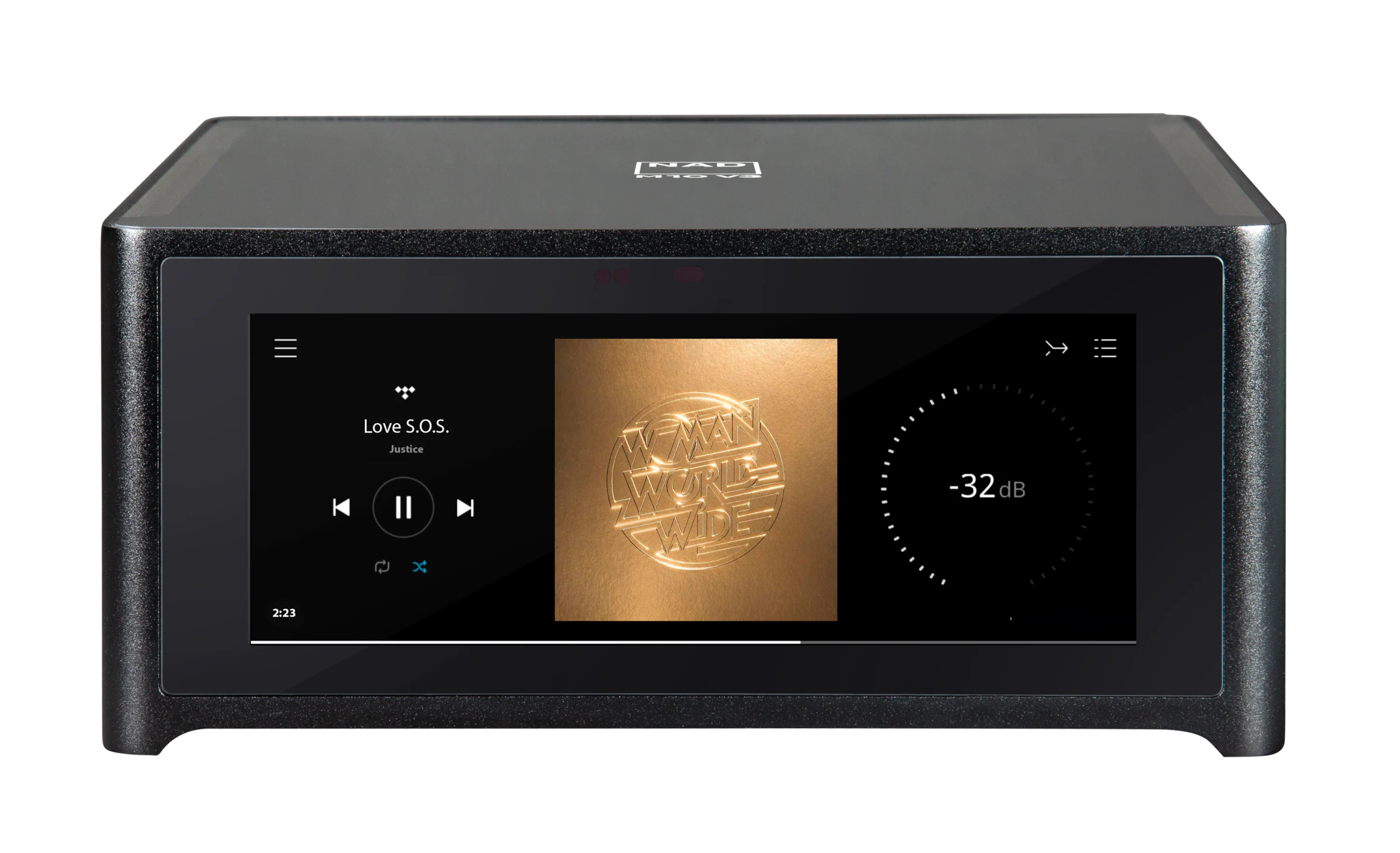Amplificator stereo NAD M10 V3 vedere frontală, ecran tactil activ, carcasă neagră, volum -32 dB.