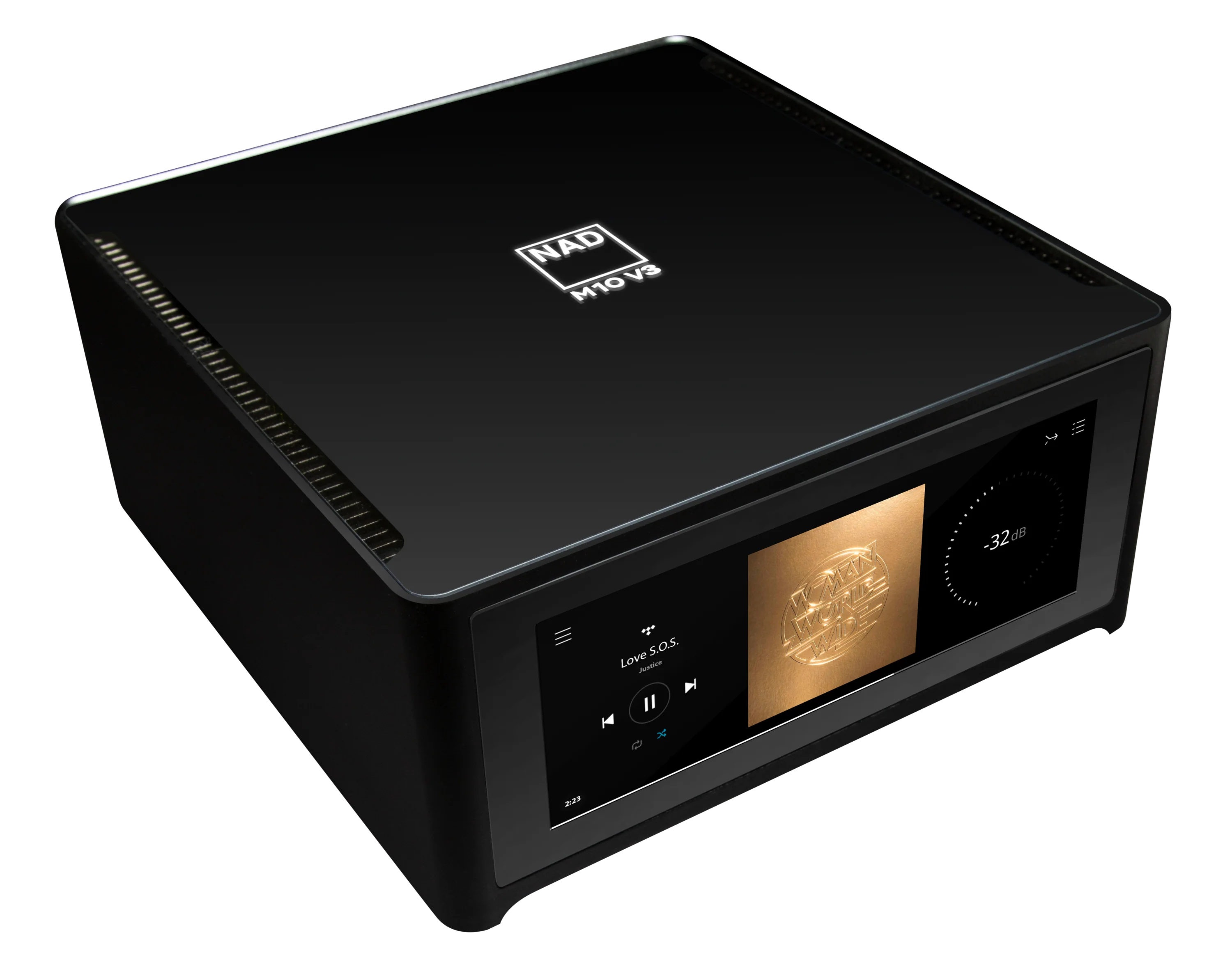 Amplificator negru NAD M10 V3, vedere din unghi față-sus dreapta, ecran tactil activ și grile laterale.
