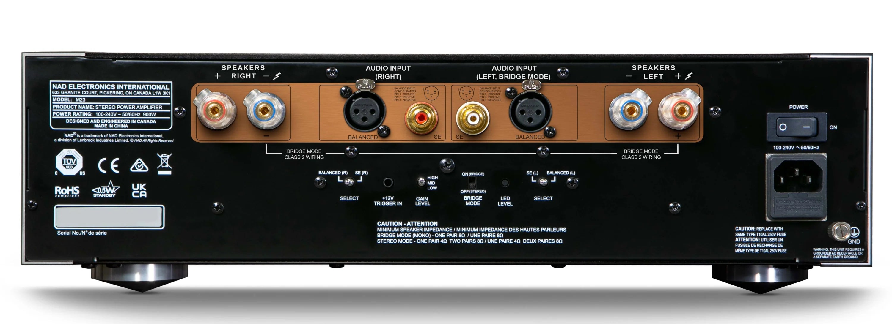 Panou spate NAD M23 Amplificator de putere stereo, conectori RCA/XLR, ieșiri boxe, comutator alimentare.
