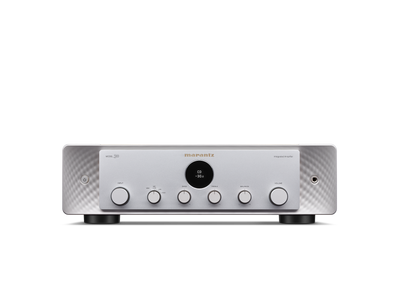 Amplificator Marantz Model 30 argintiu, vedere frontală, afișaj central, butoane control volum și intrare.