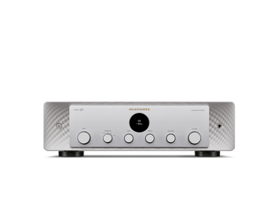 Amplificator Marantz Model 50 argintiu, vedere frontală. Afișaj central, butoane pentru volum și intrare.