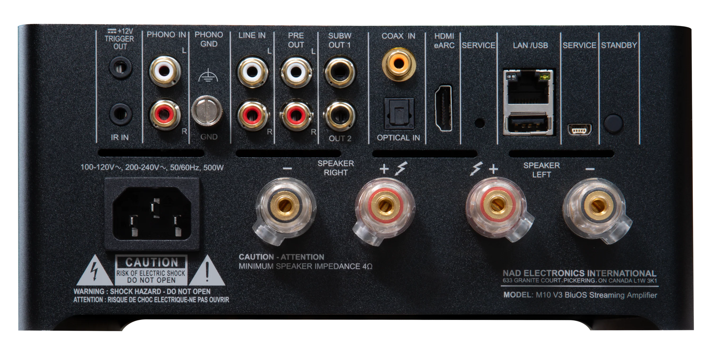 Panou spate negru NAD M10 V3 Amplificator cu conexiuni HDMI eARC, LAN/USB, RCA, coaxial și optice.