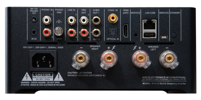 Panou spate negru NAD M10 V3 Amplificator cu conexiuni HDMI eARC, LAN/USB, RCA, coaxial și optice.