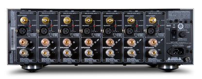 Panou spate NAD M28 Amplificator Multicanal, conexiuni XLR/RCA, ieșiri boxe, port alimentare, 7 canale.