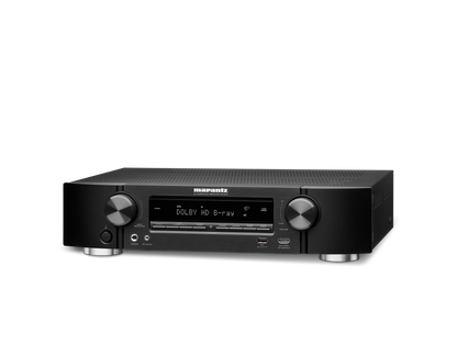 Marantz NR1510 Receiver AV negru, vedere din studio, unghi stânga. Afișaj frontal și butoane vizibile.