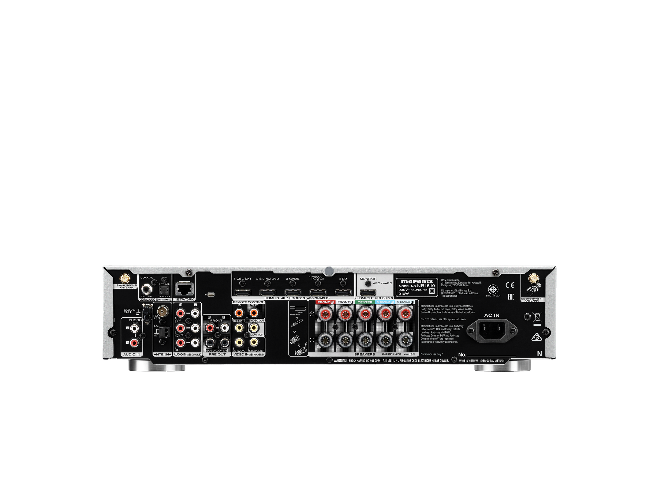 Panoul din spate al receptorului Marantz NR1510 negru, arătând multiplele conexiuni audio-video și portul de alimentare.#color_black