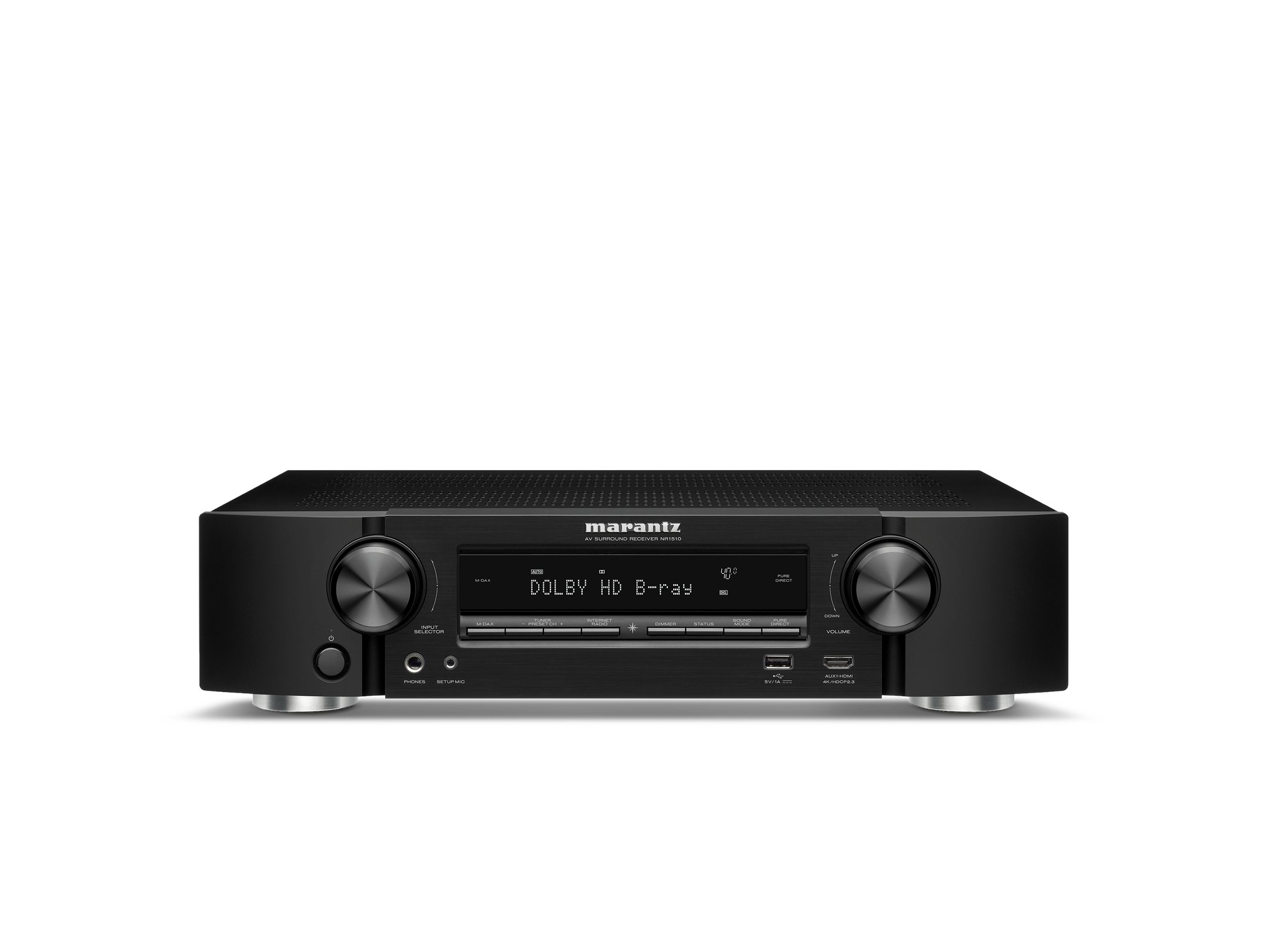 Receptor AV Marantz NR1510 negru, vedere frontală. Afișaj digital și butoane de control vizibile.#color_black