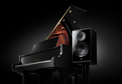 Yamaha NS-800A boxă neagră, vedere laterală alături de pian negru. Tweeter și woofer vizibile.