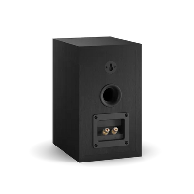 Spatele boxei Dali OBERON 1, culoare negru ash, cu port bass reflex și conectori pentru cabluri audio.