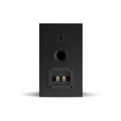Spatele boxei Dali OBERON 1, culoare Black Ash, arată portul bass reflex și conectorii pentru cabluri.