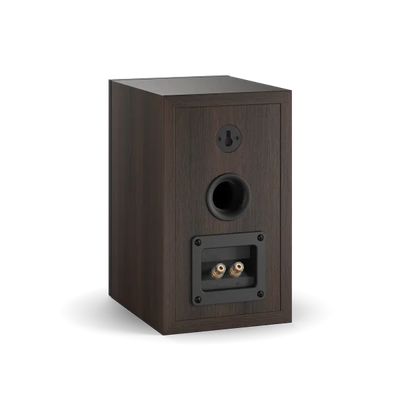 Spatele boxei Dali OBERON 1, culoare nuc închis, cu port bass reflex și conectori pentru cabluri audio.