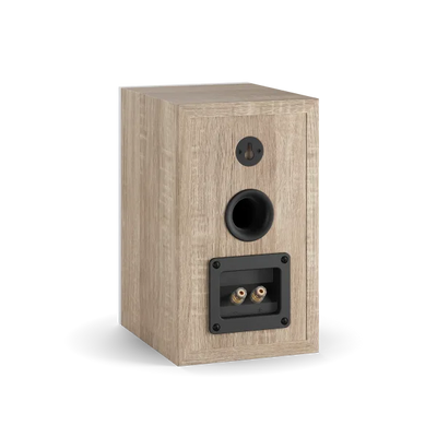 Spatele boxei Dali OBERON 1, culoare stejar deschis, cu port bass reflex și conectori audio vizibili.