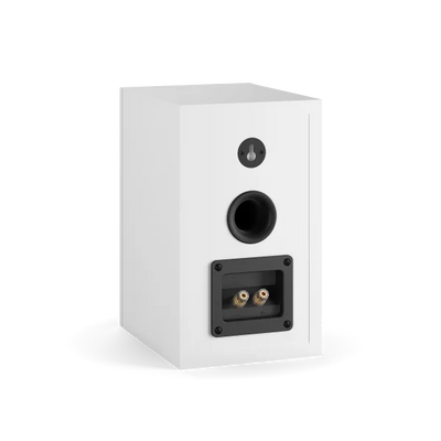 Spatele boxei Dali OBERON 1, alb, cu port bass reflex și conectori pentru cabluri audio.