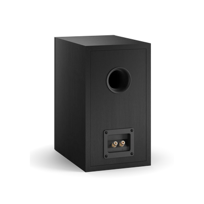 Spatele boxei Dali OBERON 3, culoare Black Ash, arată portul bass reflex și conectorii pentru cabluri.