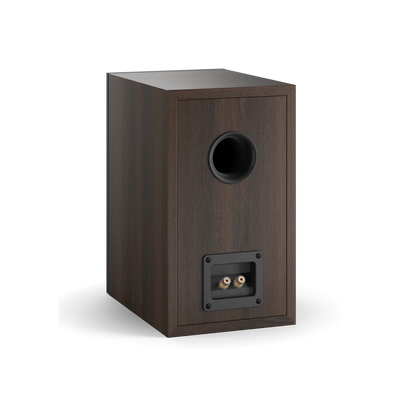Spatele boxei Dali OBERON 3, culoare nuc închis, cu port bass reflex și conectori audio vizibili.