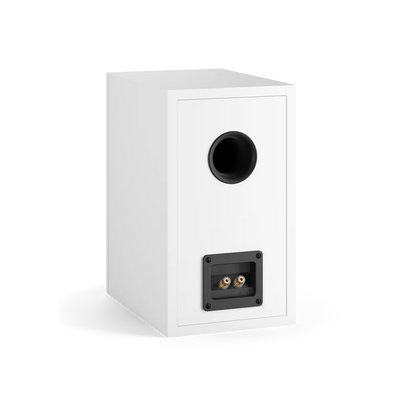 Spatele boxei Dali OBERON 3 alb, arătând portul bass reflex și conectorii pentru cabluri audio.