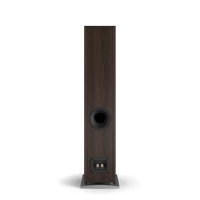 Spatele boxei Dali OBERON 5, finisaj nuc închis, cu port bass reflex și conectori pentru cabluri audio.