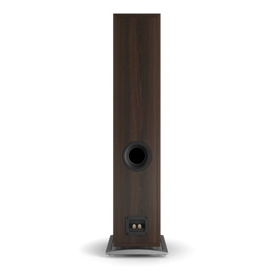 Spatele boxei Dali OBERON 7, culoare nuc închis, cu port bass reflex și conectori pentru cabluri audio.